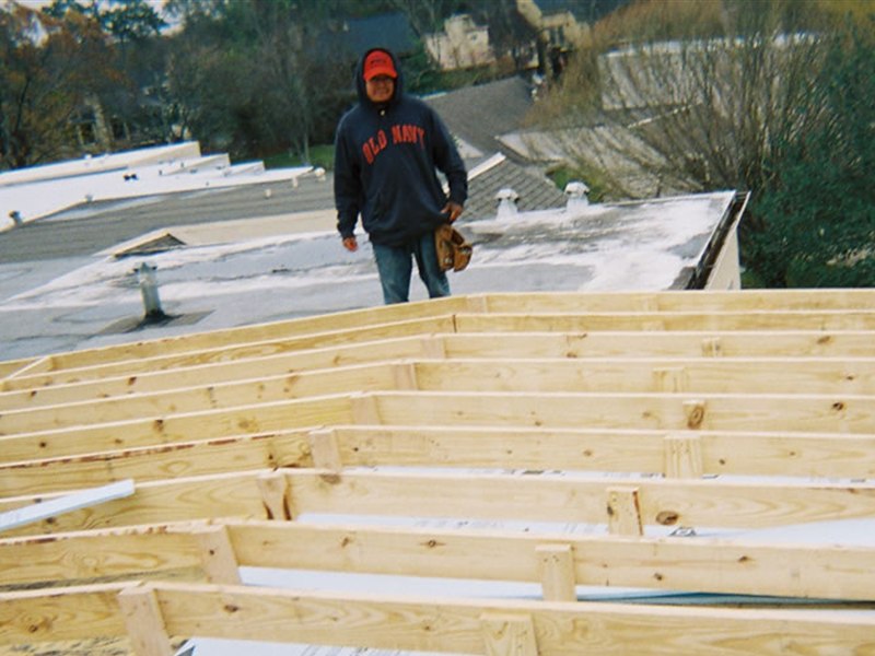 new roof addition framing with exposed rafters under construction